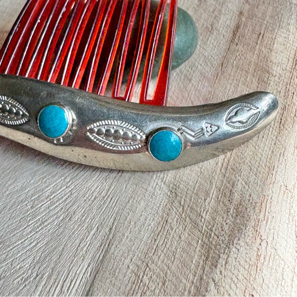 Vintage Navajo Sterling Silver & Turquoise Hair Comb - Picture 8 of 9